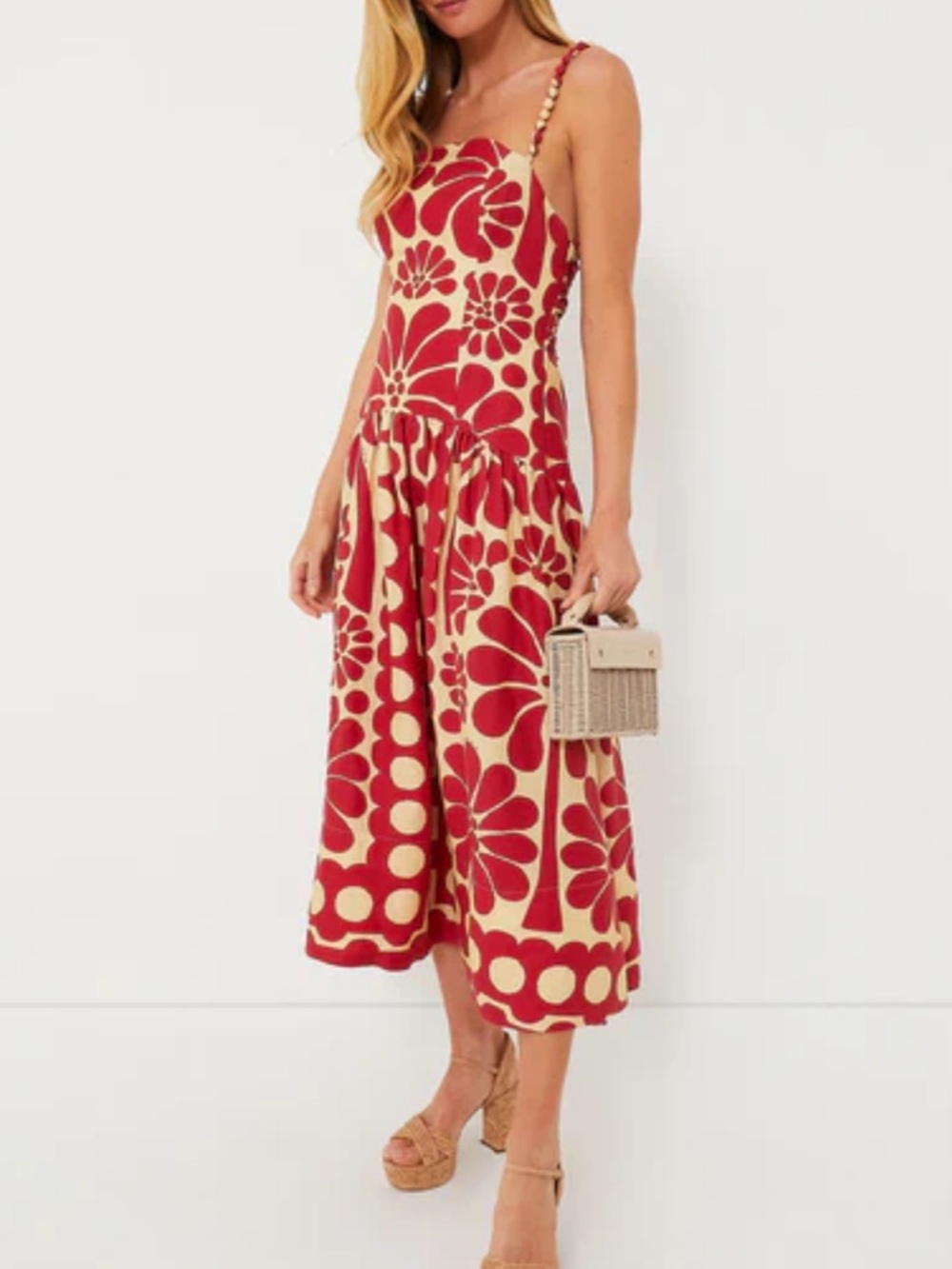 Farm Rio Palermo Red Linen Midi Dress Size Small Sleeveless Open Back Strappy - Picture 7 of 16